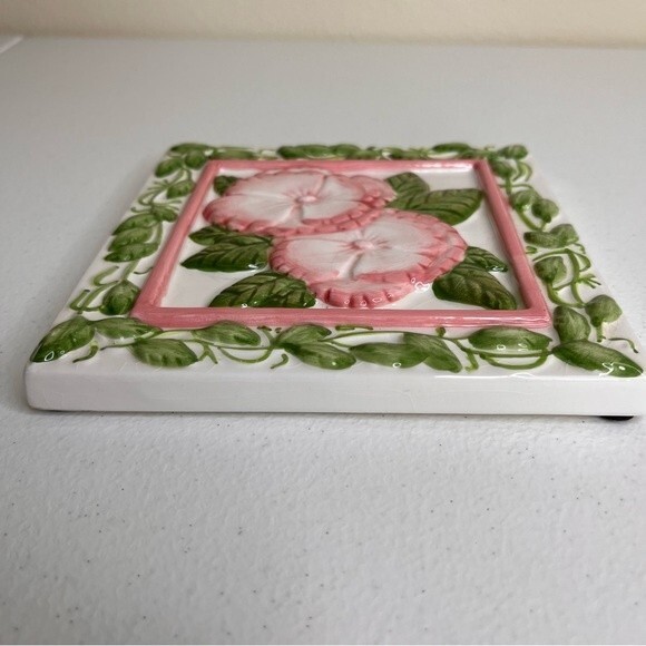 Vintage Treasure Craft Pink Green Floral Trivet Decor Wall Art Ceramic Tile - Picture 5 of 14